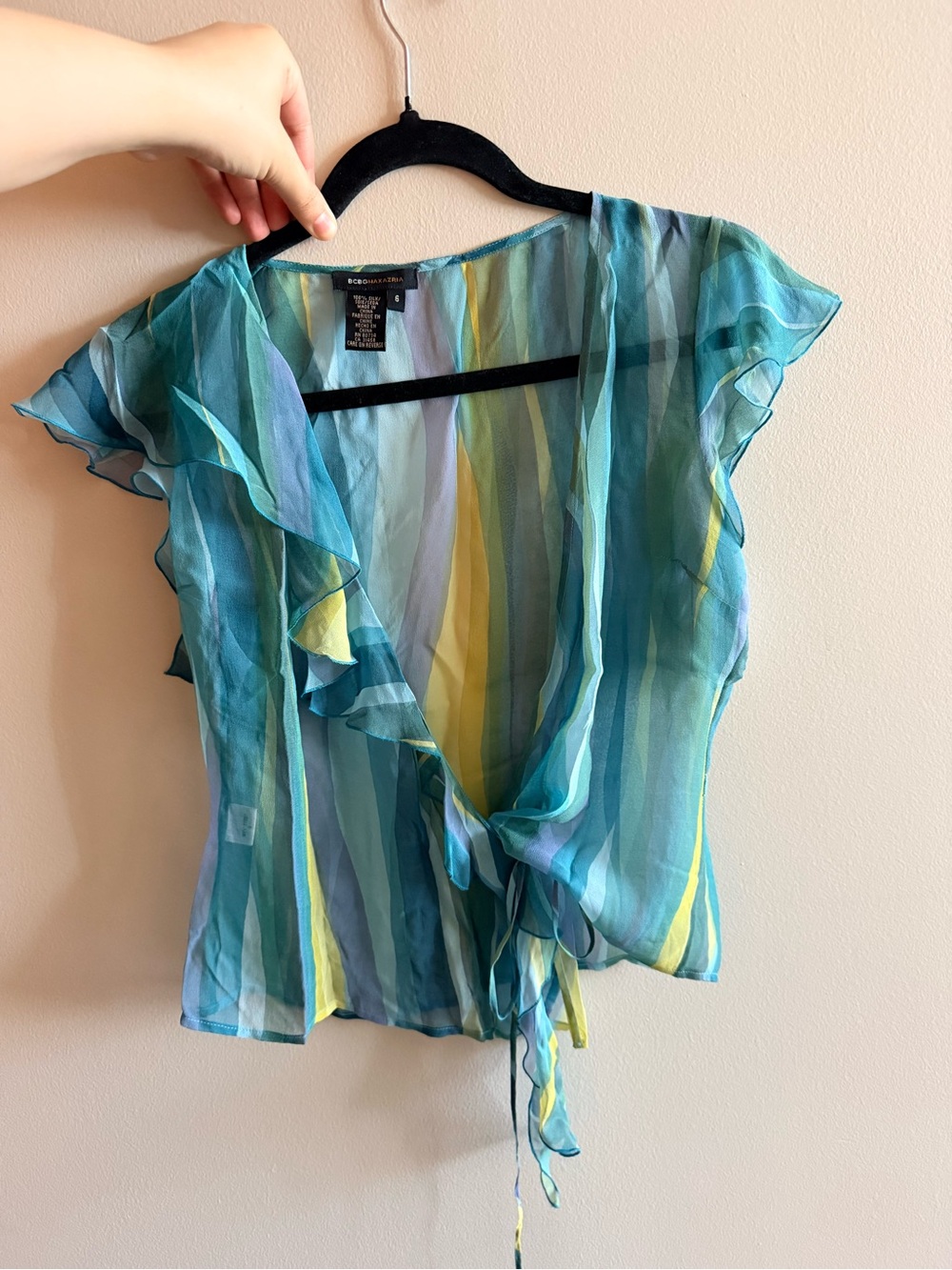 BCBGMaxAzria Teal Aqua and Yellow Striped Ruffle Tie-Front Blouse 100% silk